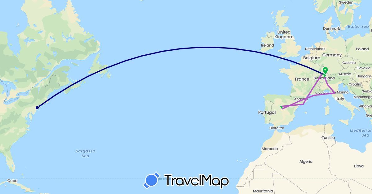 TravelMap itinerary: driving, bus, plane, train in Switzerland, Spain, France, Italy, United States (Europe, North America)